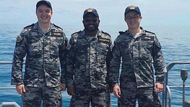 Midshipmen Jake Maurer, Brodie Miller and Paviththiran Sivanathan are currently studying under the Defence University’s Navy Undergraduate Entry Officer Scheme. 