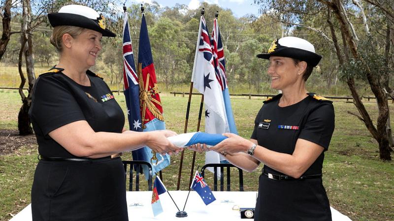 Rear Admiral Sarah Sharkey, hands over command of Joint Health Command to Rear Admiral Sonya Bennett at a changeover ceremony at Campbell Park Offices. 