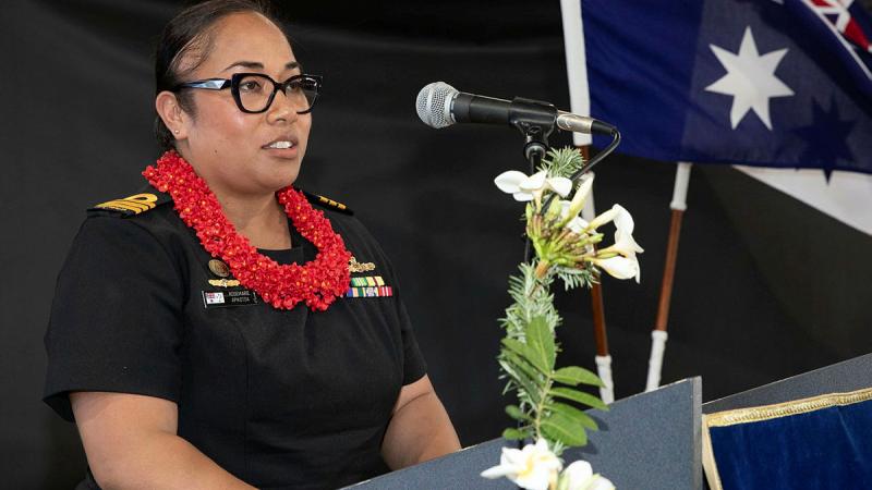 Commander Rose Apikotoa addresses family, Defence members and guests at the handover takeover ceremony conducted at HMAS Moreton, QLD. 