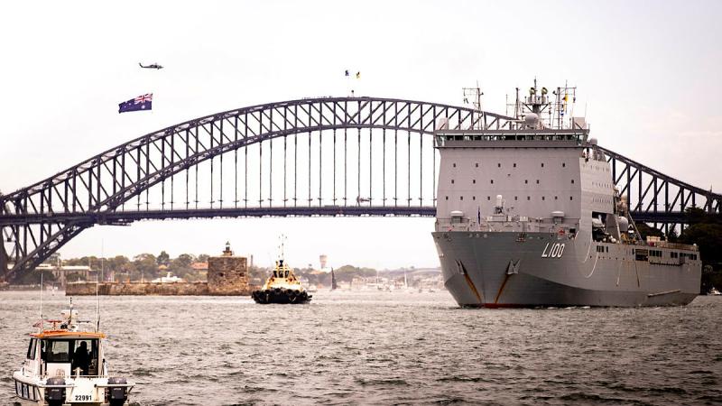 HMAS Choules in Sydney Harbour for the Australia Day 2024 celebrations, NSW. 