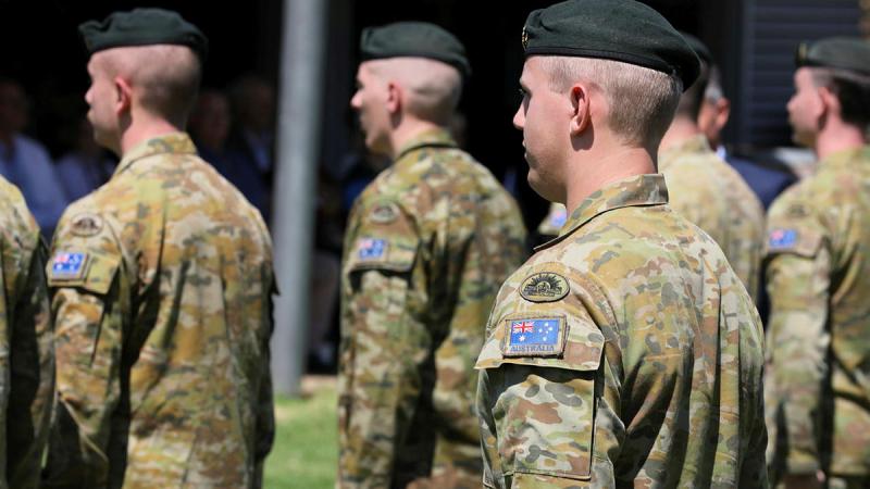 Deployed soldiers from 7th Battalion, The Royal Australian Regiment on parade during their Operation Kudu farewell ceremony at Edinburgh Defence Precinct, Adelaide.