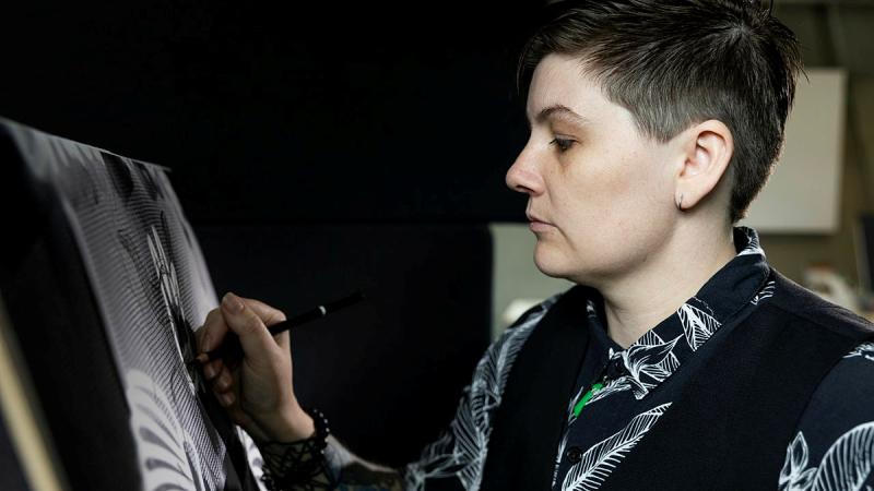 ADF ARRTS program participant Leading Aircraftwoman Emily Foote in the visual arts studio at the University of Canberra's Inspire Centre. 