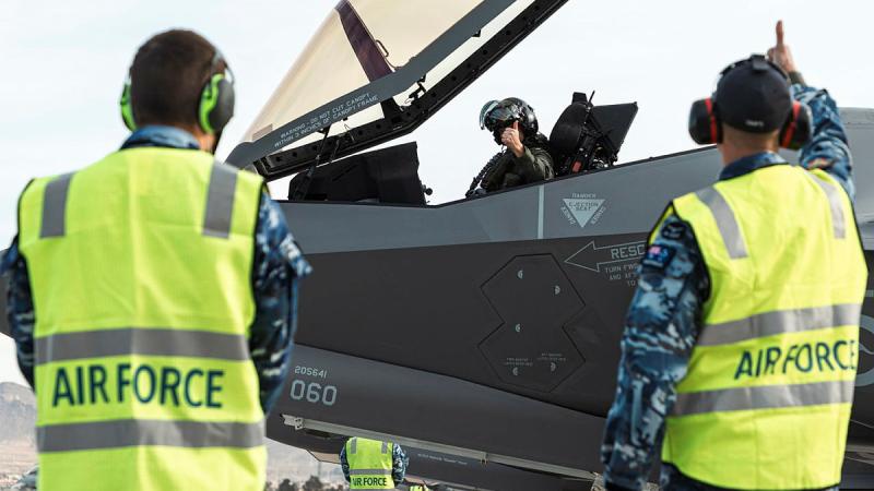 A RAAF F-35A Lightning II aircraft pilot gives the thumbs up during Exercise Red Flag Nellis in Nevada, USA. 