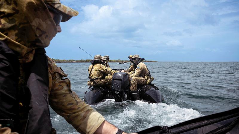 Soldiers from the 8th/12th Regiment, Royal Australian Artillery conduct intelligence, surveillance, and reconnaissance operations via Zodiac small watercraft as part of Operation Resolute in the Kimberly Marine Park, WA. 