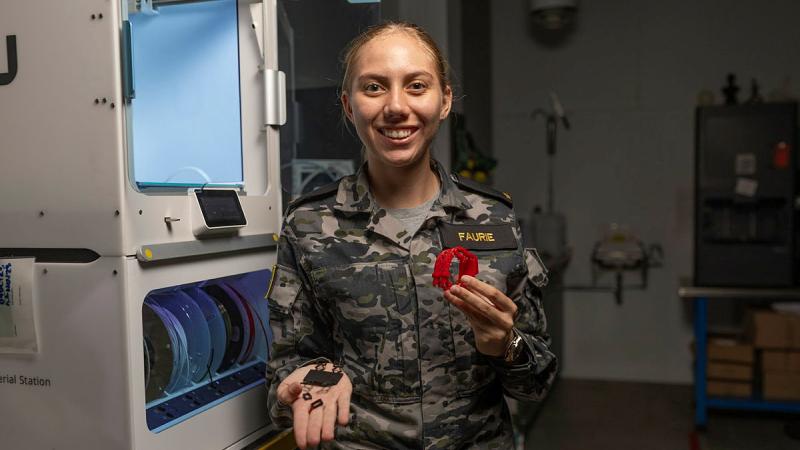 Gap year sailor Seaman Elmarie Faurie in the Navy Innovation Centre, Sydney. 
