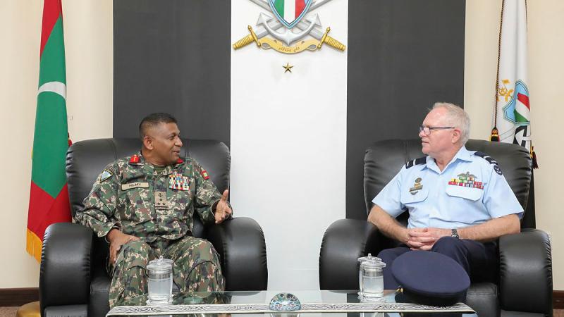 Maldives Vice Chief of Defence Force, Brigadier General Ibrahim Hilmy and Indo-Pacific Endeavour 23 Commander, Air Commodore Tony McCormack conduct key leadership engagement talks in Maldives during the Indo-Pacific Endeavour visit.