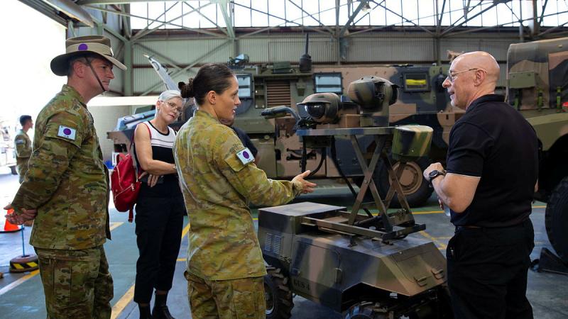Private Veronica Bonnar from 13 Engineer Regiment speaks with representatives from South Metro TAFE during a visit to Irwin Barracks in WA. 
