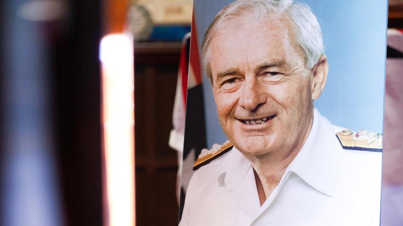 A picture of Vice Admiral (retd) Ian Warren Knox on display during his funeral service at the Garden Island Chapel, HMAS Kuttabul, NSW.