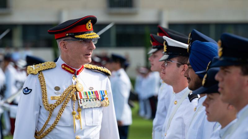 Reviewing Officer, Chief of the Defence Force (CDF) General Angus Campbell, inspects the Parade, Band, Pipes and Drums at the 2024 CDF Parade.