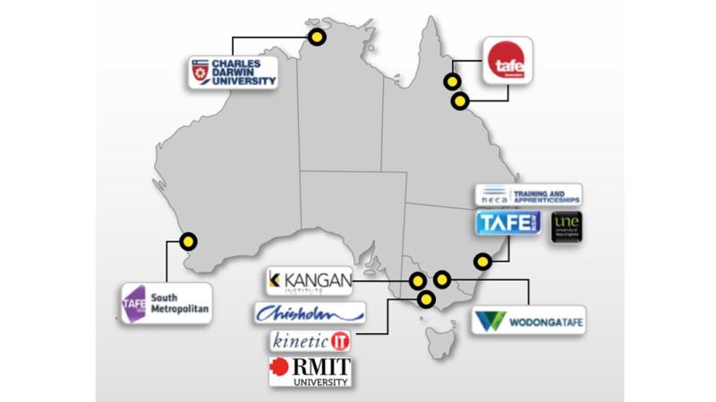 Map of Wodonga Institute of TAFE and National Technical Education Network partners.