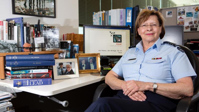Wing Commander Mary Anne Whiting, Deputy Director of Community Engagement at the Directorate of History and Heritage Services, taking some time out from research in her office at the Defence Precinct Fairbairn, Canberra.