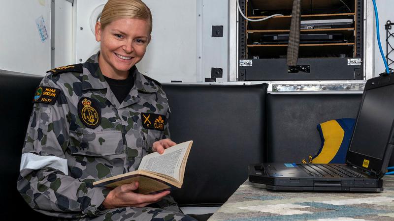 Petty Officer Submariner Sara Clarke on board HMAS Sheean during a logistics visit of Beauty Point, Tasmania. 