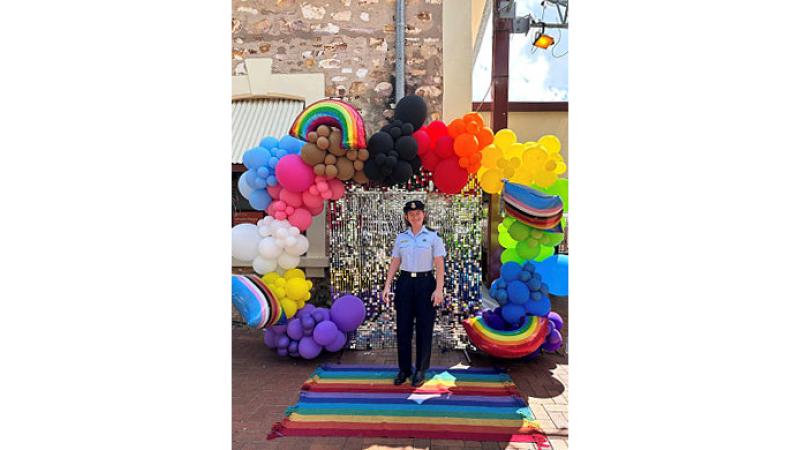 Royal Australian Air Force officer, Flying Officer Allysha McPherson, participating at the Top End Pride march in Darwin during 2023.