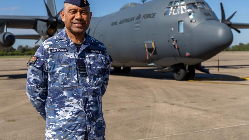 Squadron Leader Epeli Naivalu, an Air Force Facility Projects Officer from 3 Wing, in front of a C-130J Hercules during a non flying period at RAAF Base Richmond.