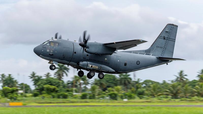 A Royal Australian Air Force C-27J Spartan aircraft from No. 35 Squadron departs Nausori International Airport in Suva, Fiji.