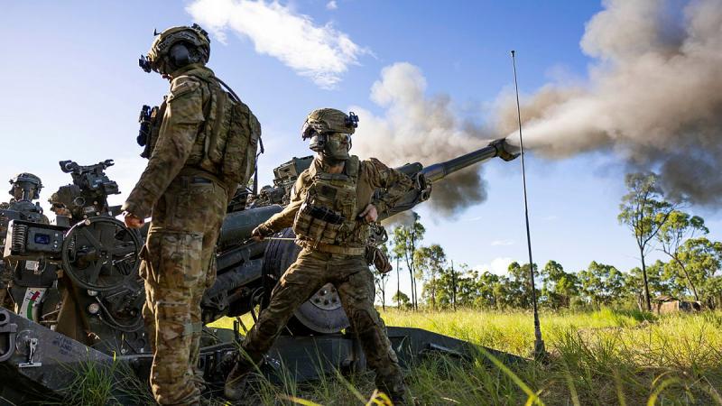 Soldiers from the 4th Regiment, Royal Australian Artillery, fire a M777 Howitzer at Townsville Field Training Area in Queensland.