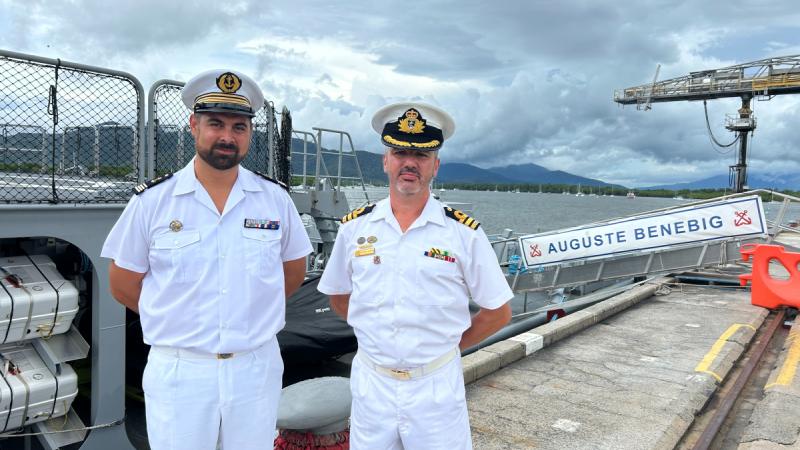 Commander French Navy POM Auguste Benebig Jean-Francois Cabaret with HMAS Cairns Commanding Officer Alfonso Santos.