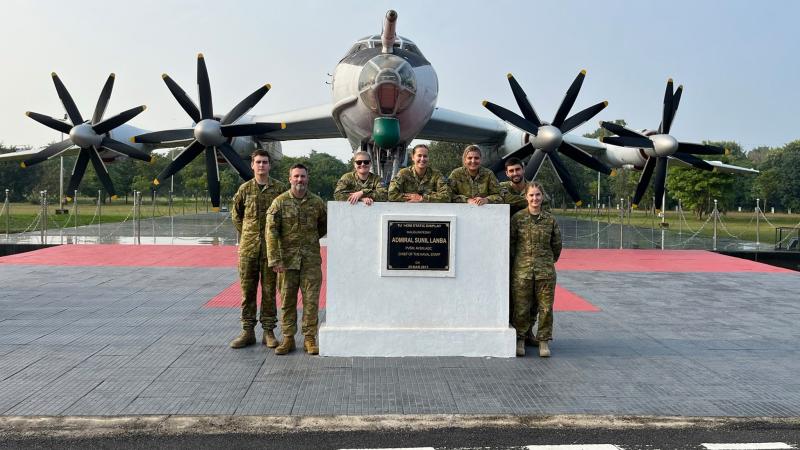 Gap year personnel with a static display at Indian Naval Station Rajali, Naval Air Base, Arakkonam, Tamil Nadu India. From left, Leading Aircraftman Jason Grant, Aircraftwomen Ella Johnstone and Caitlan Williams, Aircraftmen Luke O'Brien and Garrison Asciak, and Aircraftwomen Maddison Fordred and Ebony Jones. 