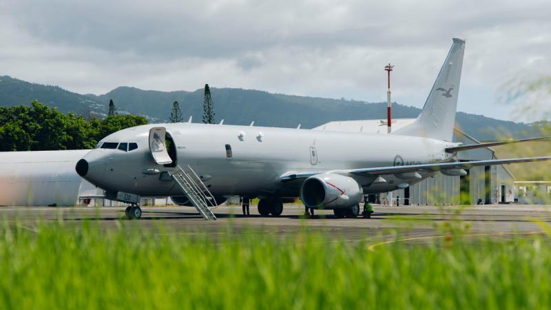 RAAF maintenance personnel from 11 Squadron conduct post-flight checks on a P-8A Poseidon aircraft at Roland Garros Airport, Réunion.