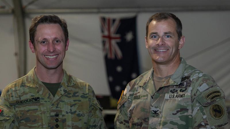 Commander of the Australian Army contingent of Project Convergence Capstone Four Colonel Casey Guidolin, with the Commander of the US Army's 3rd Multi-Domain Task Force Colonel Michael Rose, at Camp Pendleton, California. 