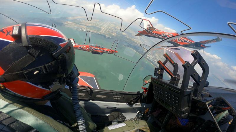 Roulette 2, Flight Lieutenant James Dutschke, flying in formation over Changi, Singapore, during the Roulettes display at the Singapore Air Show 2024.