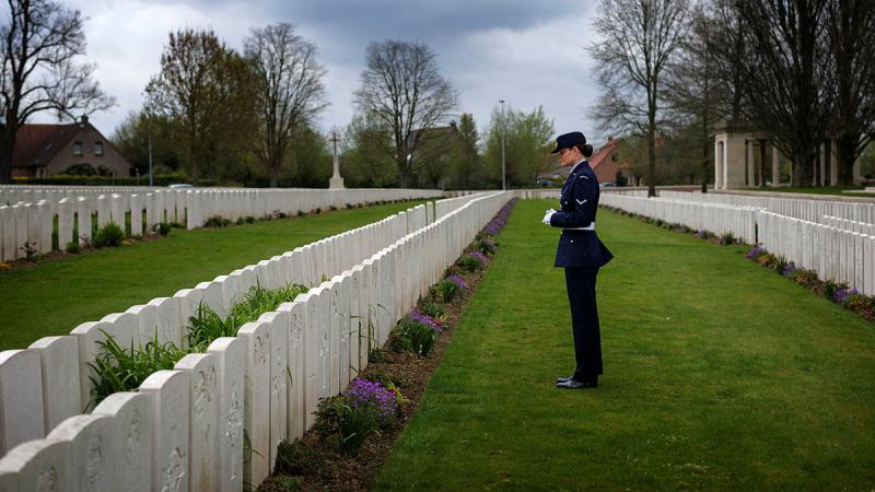 Leading Aircraftwoman Hunter Westbrook from Australia’s Federation Guard visits the resting place of her distant cousin, Private Victor Westbrook, at the Bailleul Communal Cemetery in Northern France.