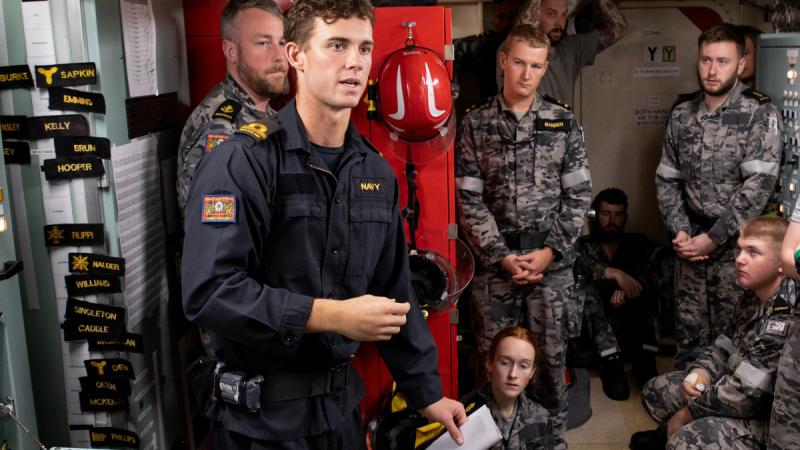 Royal New Zealand Navy officer Sub-Lieutenant Benjamin Sterritt conducts damage control training on HMAS Stuart. Photo: Leading Seaman Rikki-Lea Phillips
