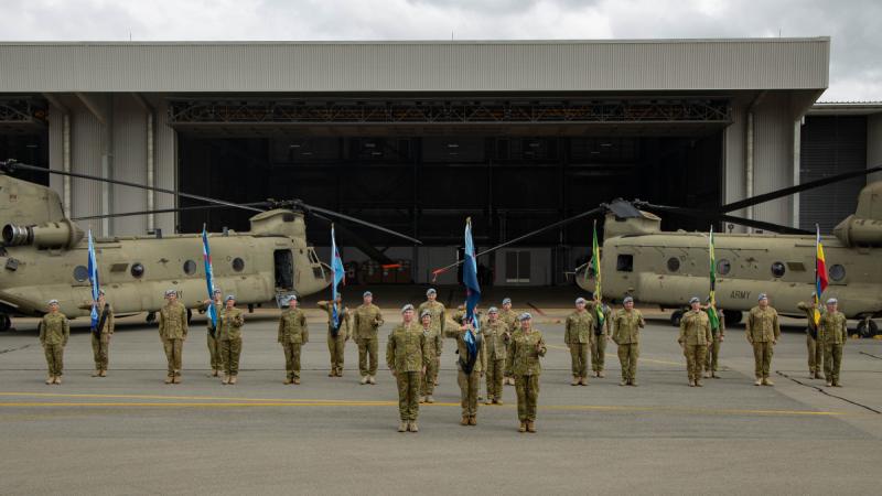 A transfer of authority parade signified the transfer of command of Army Aviation Training Centre and their subordinate units to 16th Aviation Brigade