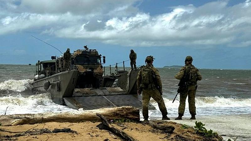 Australian Army soldiers from 10th Force Support Battalion conduct a beach landing of a HX 40M during Exercise Green Anchor 24.