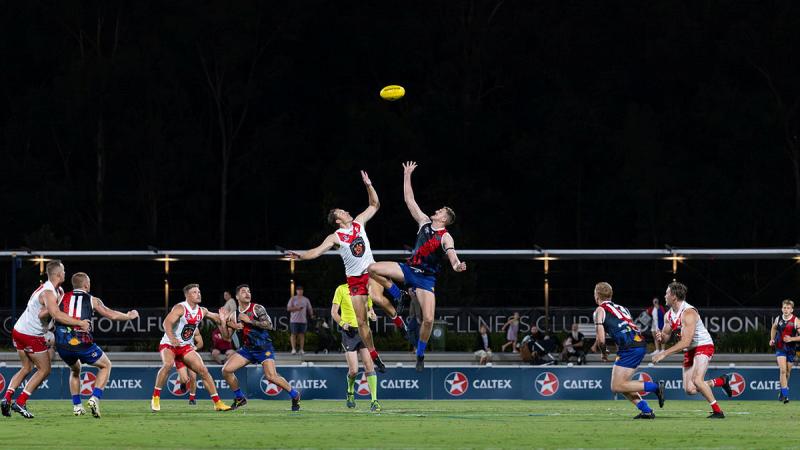  South-East Queensland Army Lions player Lance-Bombardier Emmett McKinnon contests the ball during the 2024 Anzac Cup Aussie Rules game at Springfield, Queensland. 