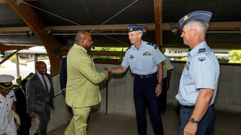 Chief of Royal Australian Air Force, Air Marshal Robert Chipman (centre) and Chief of Royal New Zealand Air Force, Air Vice Marshal Darryn Webb (right) meet the PNGDF Minister, The Honourable Dr. Billy Joseph in Port Moresby, PNG. 