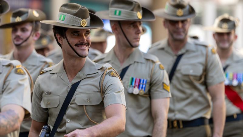 Australian Army soldiers from 6th Battalion, the Royal Australian Regiment, during the Anzac Day march Brisbane city.