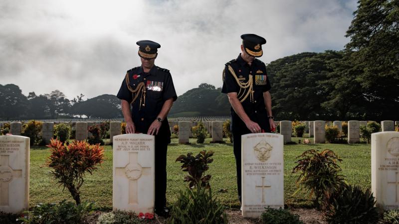 Chief of Royal Australian Air Force, Air Marshal Robert Chipman (right) and Chief of Royal New Zealand Air Force Air Vice Marshal Darryn Webb lay poppies at the Anzac Day Dawn Service at Bomana War Cemetery, Papua New Guinea.