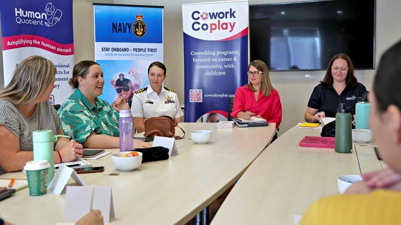 Participants enjoy the Navy initiated co-located education and childcare trial with Cowork Coplay at the Gary Holland Centre in Rockingham, WA.
