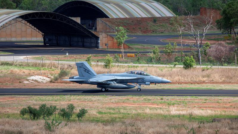 An F/A-18F Super Hornet taxis at RAAF Base Tindal.