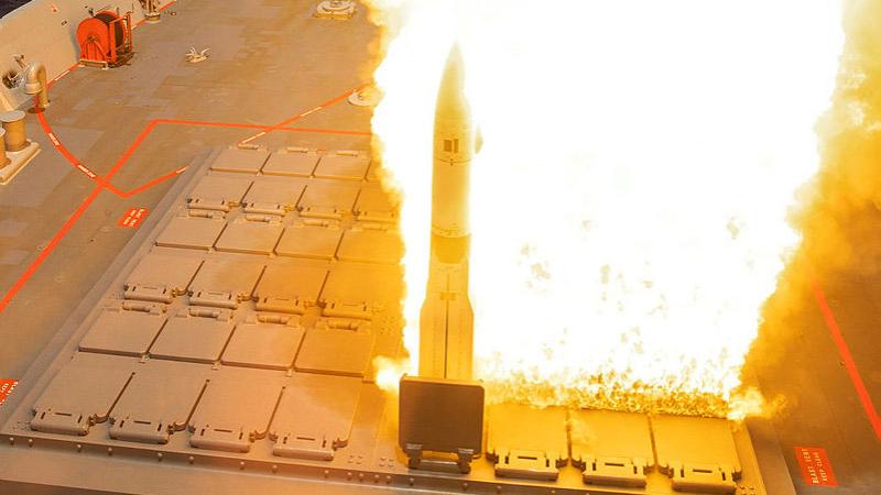 An SM-2 standard missile fires from HMAS Hobart.