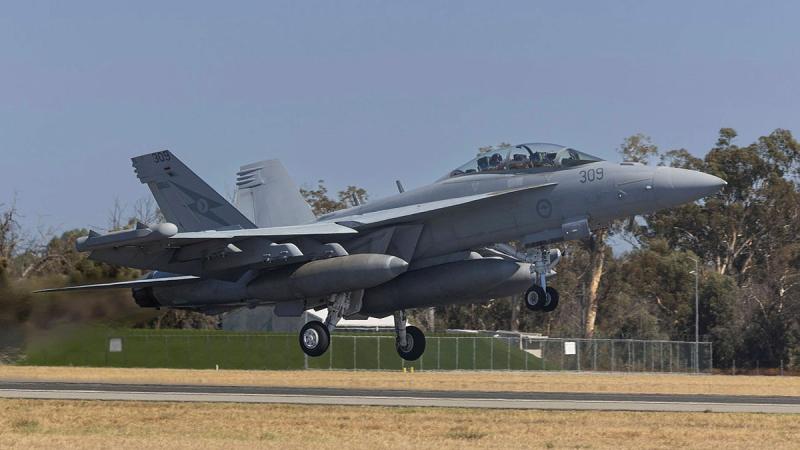 An EA-18G Growler departs RAAF Base Pearce.