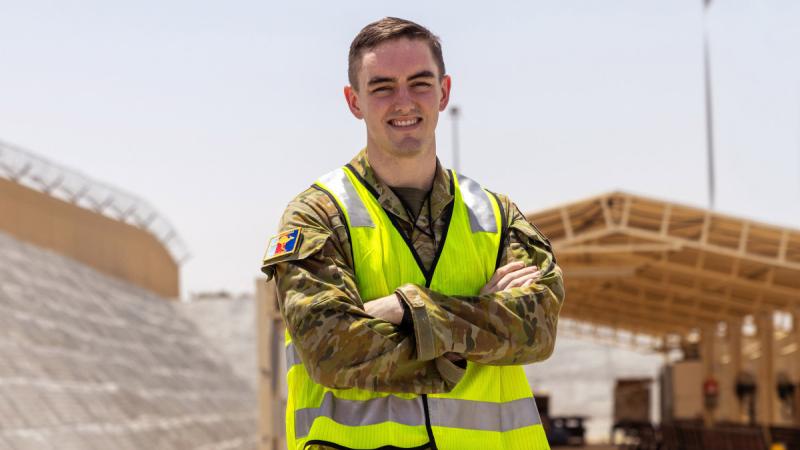Air Force airbase engineer Flight Lieutenant Eamonn Matthews is deployed on Operation Accordion to Headquarters Middle East. 