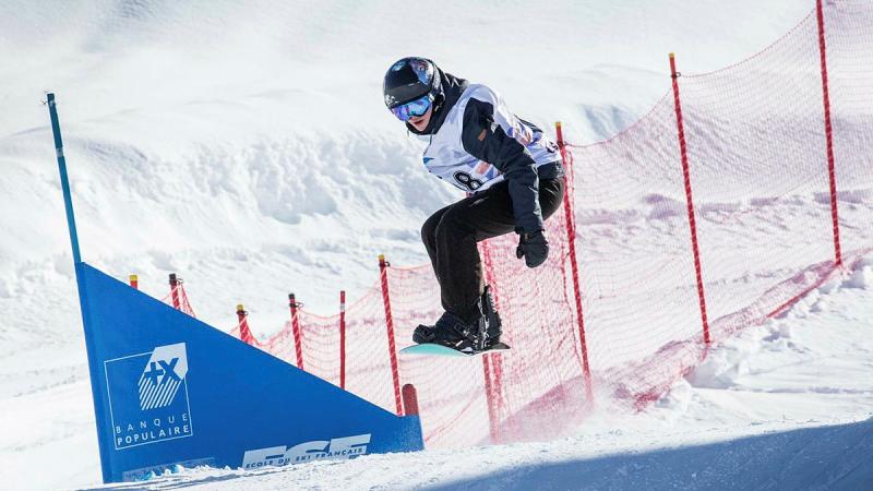 Australian Army’s Corporal N competes at the 2024 UK Inter Service Snow Sports Championships held at Meribel, France.