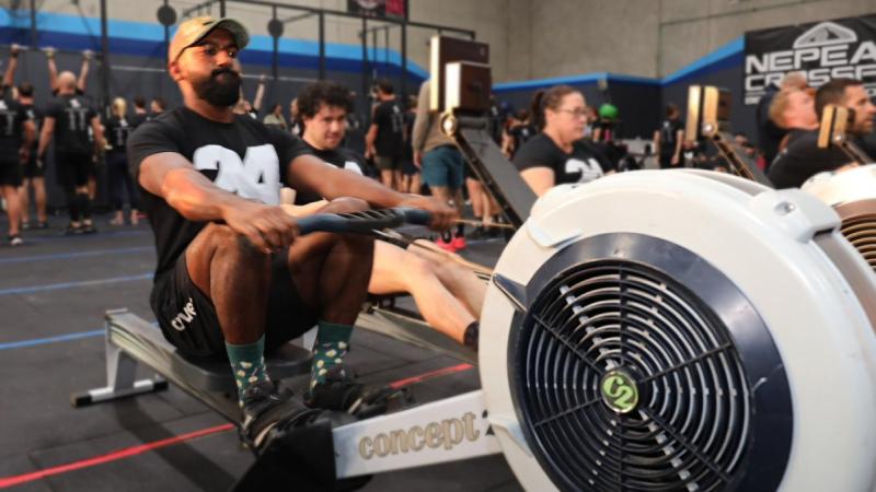 Ground support equipment fitter Leading Aircraftman Nischal Prasad participating in the final workout of the 24 Hour of Heroes event at Nepean CrossFit, Penrith NSW.