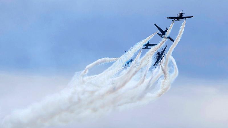 The Roulettes perform a complex high precision aerial manoeuvre at the West Sale Anzac weekend Air Show. 