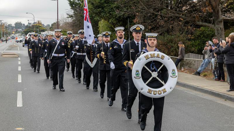 HMAS Huon personnel march through the streets during a freedom-of-entry march in Huonville, Tasmania. Photos: Petty Officer Christopher Szumlanski