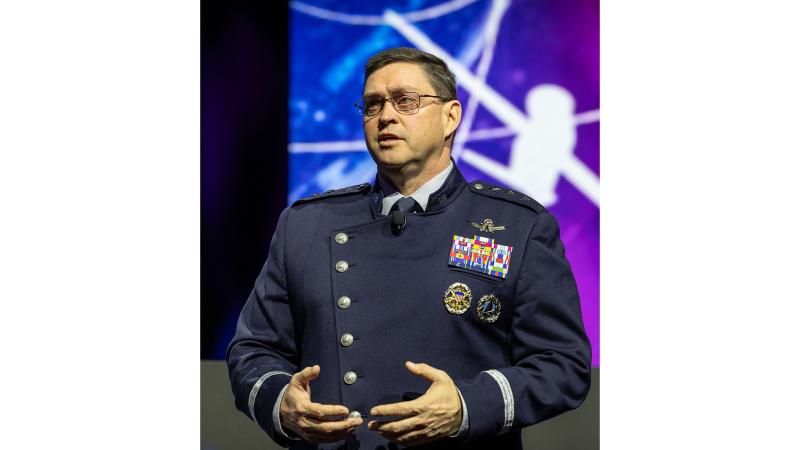  Chief of Space Operations, United States Space Force, General B. Chance Saltzman presents the opening keynote address during the Air and Space Power Conference 2024, Canberra. 