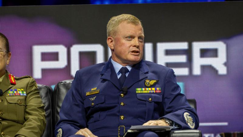 Warrant Officer of the Air Force, Warrant Officer Ralph Clifton, speaks during the resilience to enable air and space operations panel discussion at the 2024 Air and Space Power Conference, Canberra.