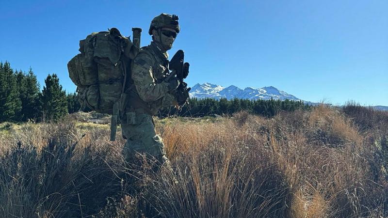 Australian Army soldier Private Lachlan Parker from the 5th Brigade on patrol during Exercise Tasman Reserve 2024.