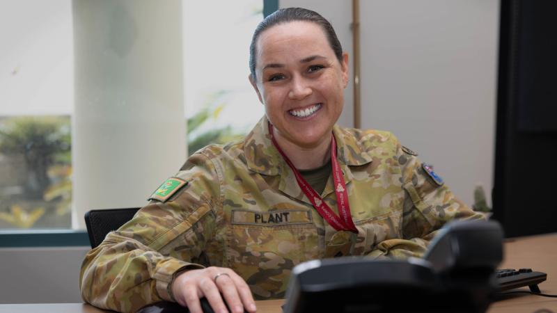 Australian Army nursing officer Captain Amanda Plant at her desk at Roberston Barracks.