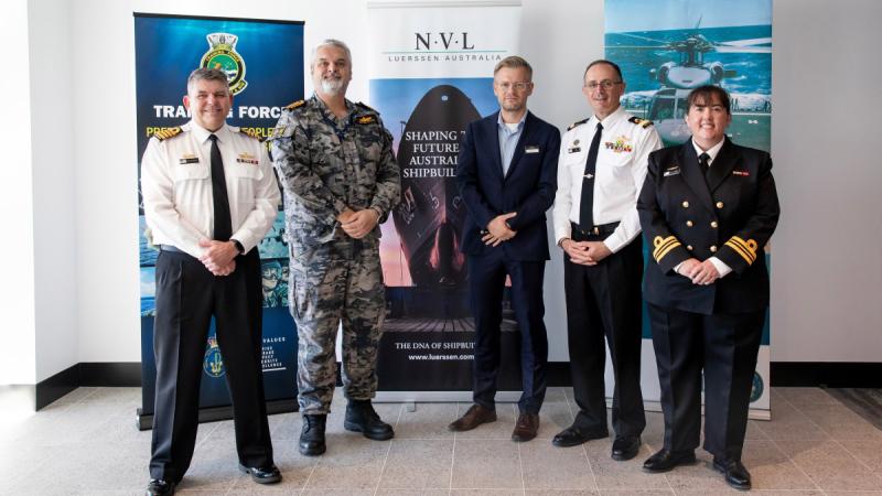 From left, Captain Ken Burleigh, Captain Viktor Pilicic, Enrico Kestel, Commodore John Stavridis and Lieutenant Commander Alexandra Turner after the opening ceremony for the Navy Training Systems Centre - West at HMAS Stirling, WA. 