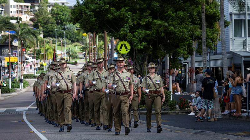 Australian Army officers and soldiers from 3rd Combat Engineer Regiment march in the streets during the Freedom of Entry Parade at Airlie Beach, Queensland. 