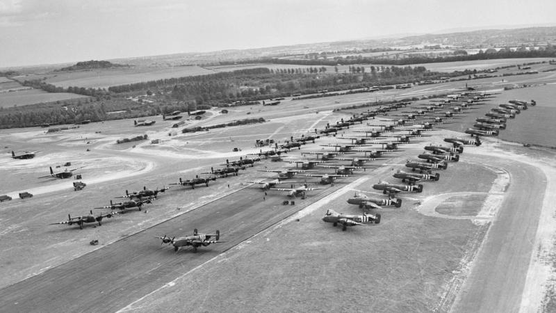 Gliders and towing aircraft of 38 Group Royal Air Force at Tarrant-Rushton Airbase in preparation for landing at Normandy. Air Vice-Marshal Frank Bladin is in the lead Halifax at the head of the row of gliders. 