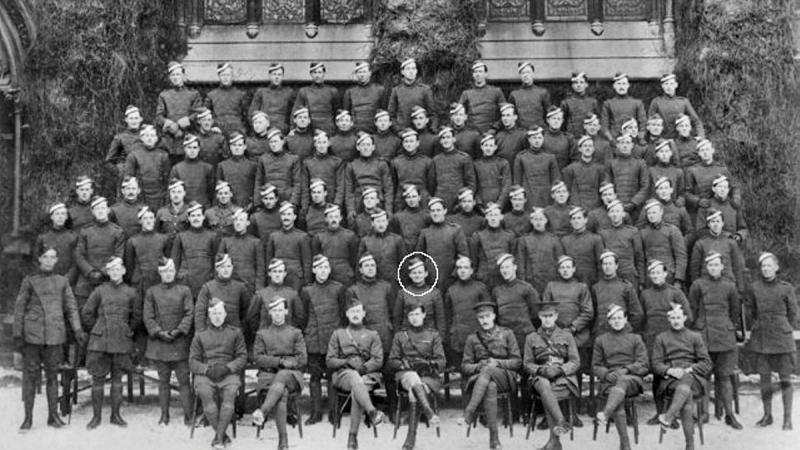 2nd Lieutenant George Oakley Newton, is circled in a photo of his cadet class, with aviation pioneer Charles Kingsford-Smith two places to the right.